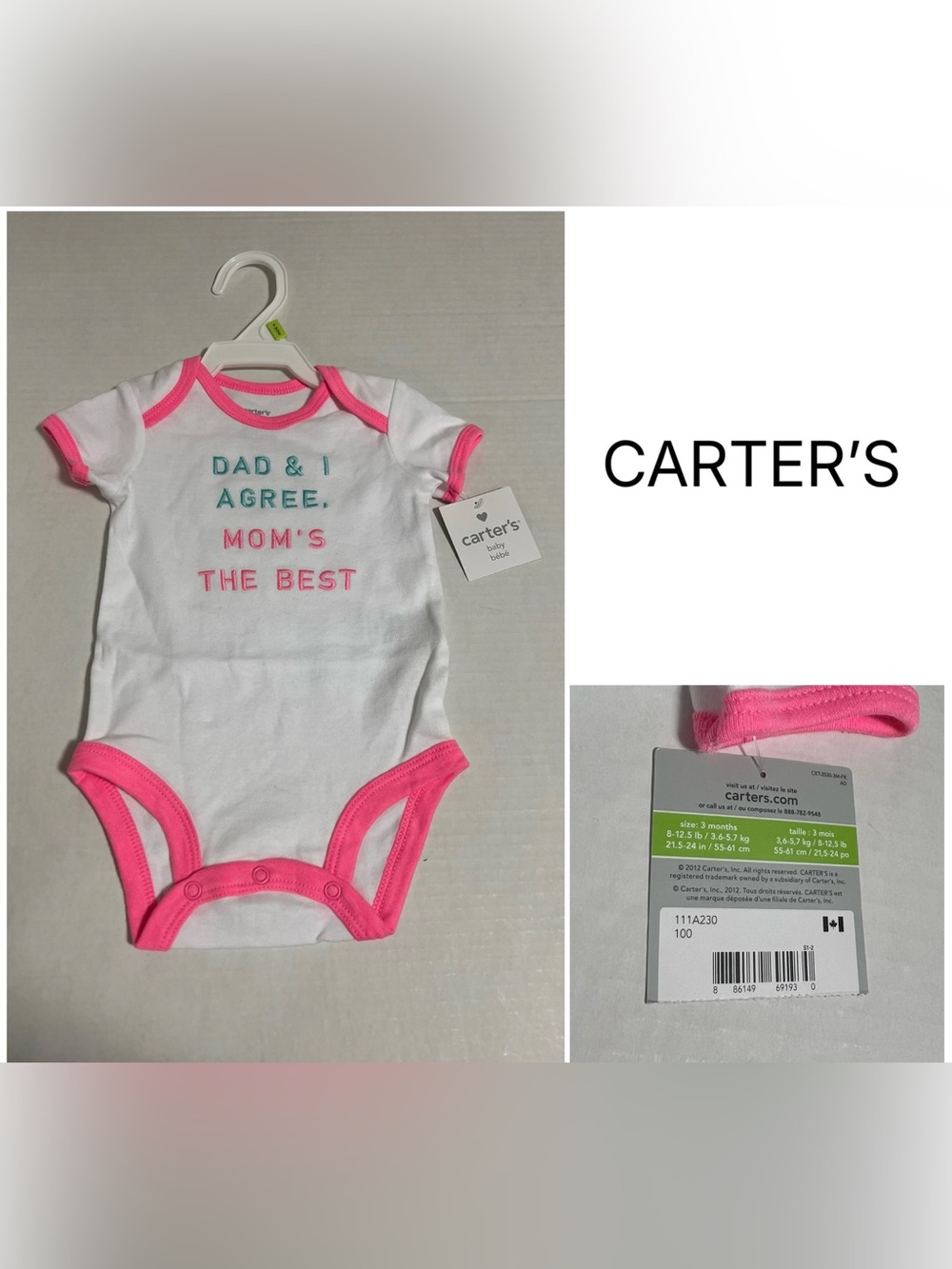 CARTER’S - 3M - NWT - INFANT GIRLS PINK WHITE BODYSUIT / ONESIE